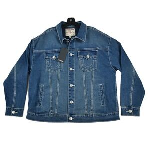 True Religion Jacket Women's XL Blue Denim Graphic Print Logo Pockets NWT